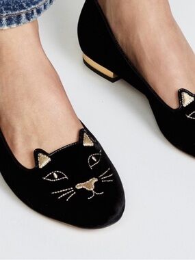 Black Velvet Cat Face Loafers with Gold Accent